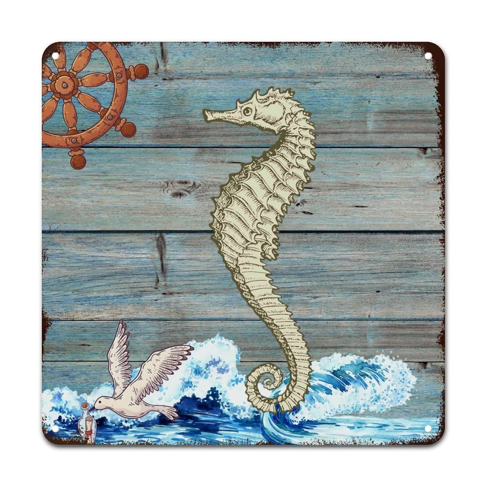 ArogGeld Nautical Coastal Seahorse Rudder Seagull Tin Sign Sea Wave Metal Wall Art Beach Themed Decorative Wall Art 10x10in Abstract Wall Art Decor for Home Outside Farm Garden Garage