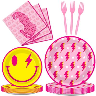 100 Pcs Preppy Party Plates Napkins Forks Supplies Set Disposable Tableware Paper Plates Dinnerware Y2K Girl Bachelorette Party Decoration Favors Serves 25