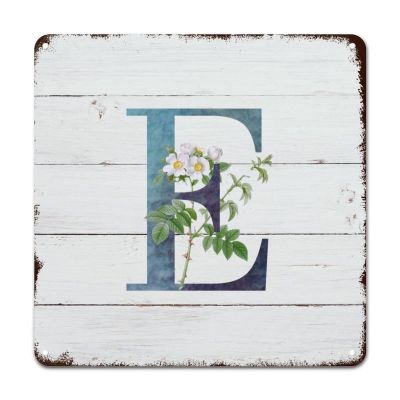 ArogGeld Initial Letter E Blue Metal Sign Monogram White Floral Metal Wall Art Single Letter Decorative Wall Art French Floral 10x10in Farmhouse Wall Plaque Decor for Home Outside Farm Garden Garage
