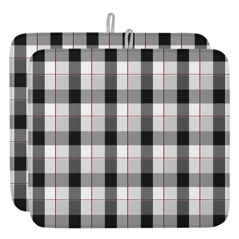 Black White Dish Drying Mat for Kitchen Counter, Rustic Buffalo Plaid Check Tile Texture Absorbent Reversible Dish Drainer Rack Mats for Coffee Bar Mats 18''x24'' 2 PCS