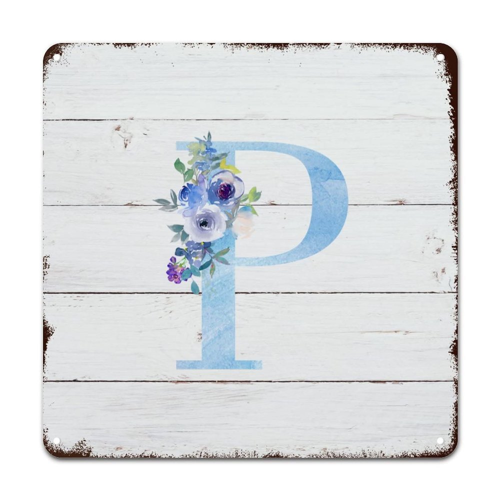 ArogGeld Monogram Initial P Tin Sign Alphabet Blue Floral Metal Wall Art Last Name Decorative Wall Art French Floral 10x10in Funny Metal Plaque Sign for Bar Pub Garage Man Cave Home