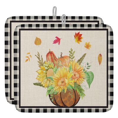 Plaid Pumpkin Sunflower Dish Drying Mat for Kitchen Counter, Fall Autumn Leaves Farmhouse Check Absorbent Reversible Dish Drainer Rack Mats for Coffee Bar Mats 18''x24'' 2 PCS