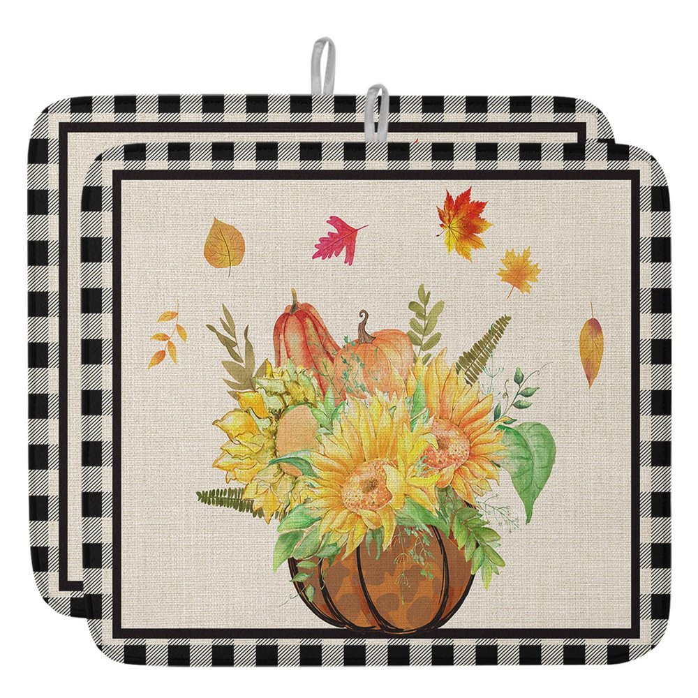 Plaid Pumpkin Sunflower Dish Drying Mat for Kitchen Counter, Fall Autumn Leaves Farmhouse Check Absorbent Reversible Dish Drainer Rack Mats for Coffee Bar Mats 18''x24'' 2 PCS