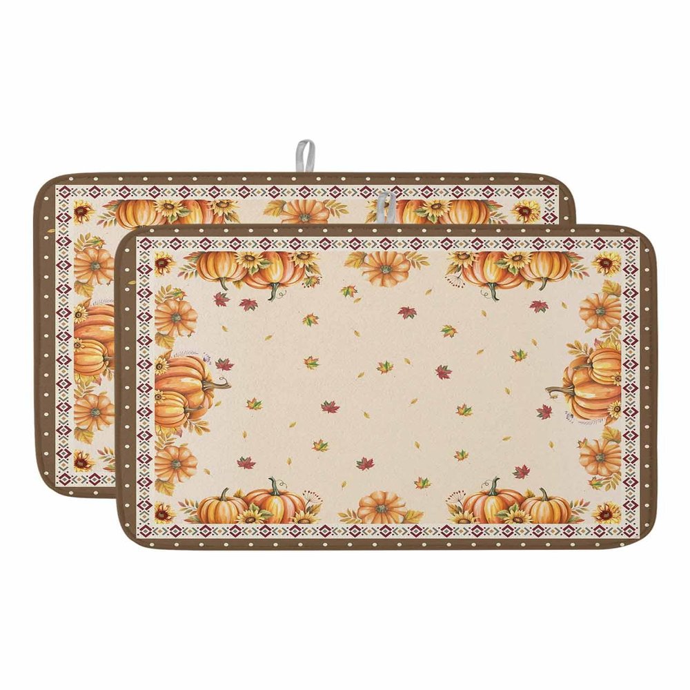 Thanksgiving Dish Drying Mat for Kitchen Counter, Southwestern Fall Autumn Pumpkins Leaves Absorbent Reversible Dish Drainer Rack Mats for Coffee Bar Mats 18''x24'' 2 PCS