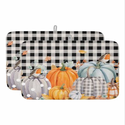 Black Plaid Pumpkins Dish Drying Mat for Kitchen Counter, Thanksgiving Fall Harvest Autumn Holiday Absorbent Reversible Dish Drainer Rack Mats for Coffee Bar Mats 18''x24'' 2 PCS
