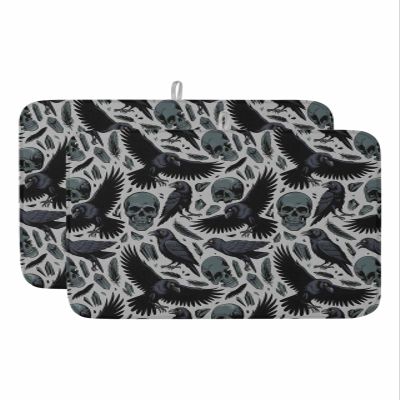 Halloween Dish Drying Mat for Kitchen Counter, Vintage Scary Black Skull Bat Butter-fly Piano Absorbent Reversible Dish Drainer Rack Mats for Coffee Bar Mats 18''x24'' 2 PCS