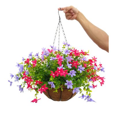 12 Inch Large Home Wedding Party Porch Garden Decoration Chain Hanging Basket Flower Silk Artificial Magnolias (Red and Purple)