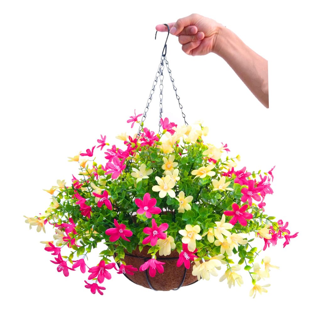 12 Inch Large Home Wedding Party Porch Garden Decoration Chain Hanging Basket Flower Silk Artificial Magnolias (Red and Yellow)