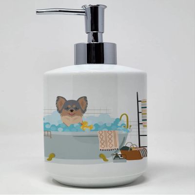 Caroline's Treasures WDK5552SOAP Longhaired Blue and Tan Chihuahua Ceramic Soap Dispenser Hand Soap Dispenser Pump Bottles for Bathroom Kitchen, Empty Refillable Liquid Soap Container