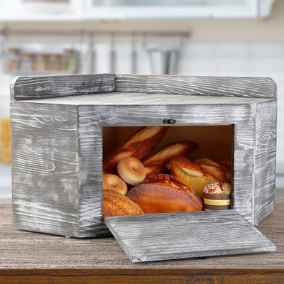 Besuerte Vintage Corner Bread Boxes for Kitchen Counter, Wood Bread Containers Storage Bin, Bread Holder Keeper for Homemade Bread Includes 2x16oz Mason Jars with Flowers (Large,Rustic Grey)