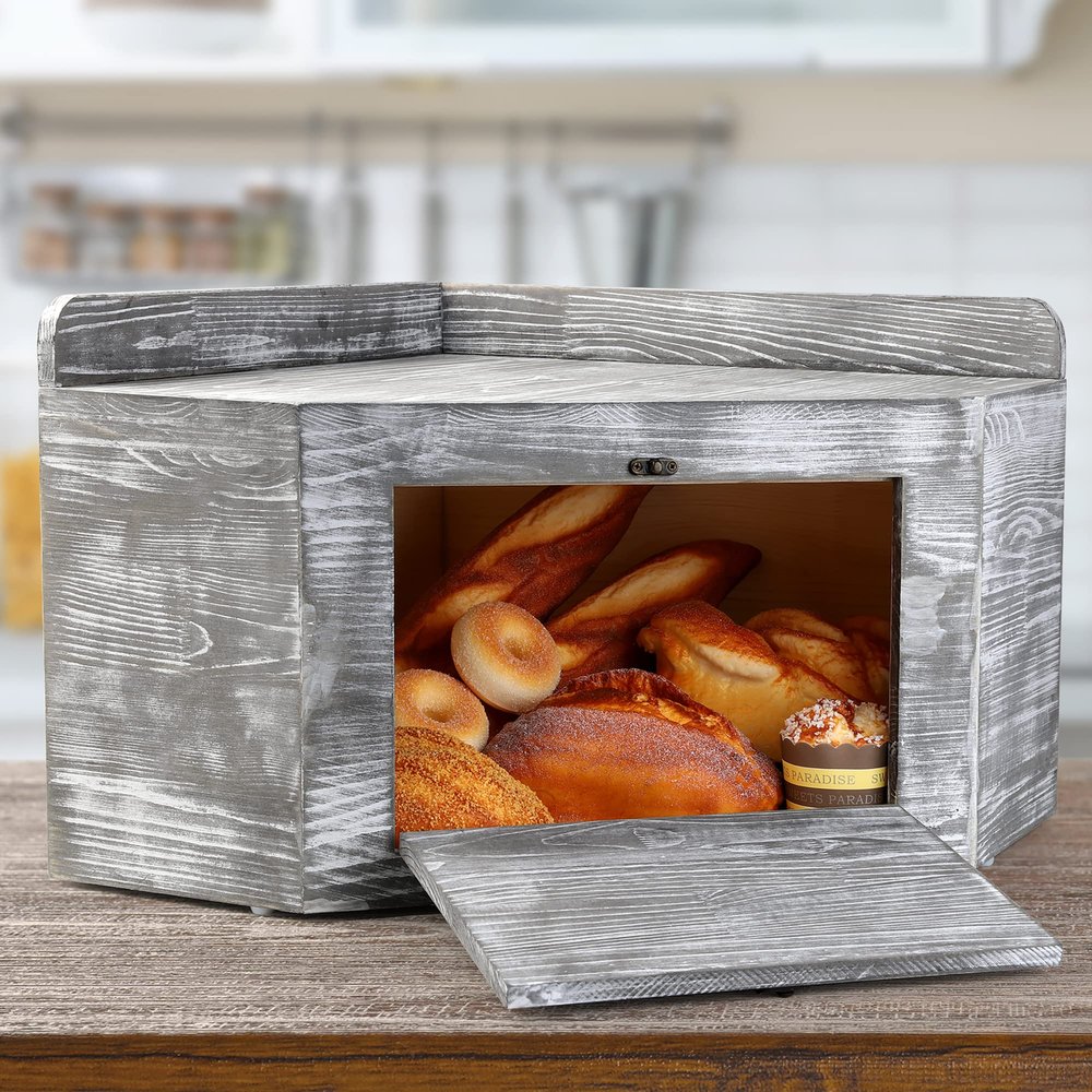 Besuerte Vintage Corner Bread Boxes for Kitchen Counter, Wood Bread Containers Storage Bin, Bread Holder Keeper for Homemade Bread Includes 2x16oz Mason Jars with Flowers (Large,Rustic Grey)