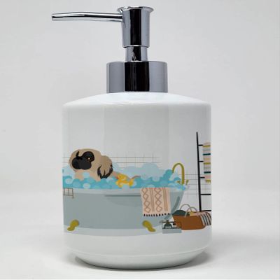 Caroline's Treasures WDK5647SOAP Cream Pekingese Ceramic Soap Dispenser Hand Soap Dispenser Pump Bottles for Bathroom Kitchen, Empty Refillable Liquid Soap Container