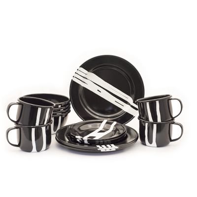 Artesano Home Decor Hand-Painted Enamelware Set of 16 Pieces - Black Abstract Design - 4 Dining Plates 10" - 4 Dessert Plates 7" - 4 Bowls 34oz - 4 Mugs 22oz, Ideal for Home, Party and Camping