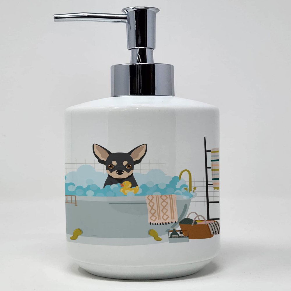 Caroline's Treasures WDK5566SOAP Black and Cream Chihuahua Ceramic Soap Dispenser Hand Soap Dispenser Pump Bottles for Bathroom Kitchen, Empty Refillable Liquid Soap Container