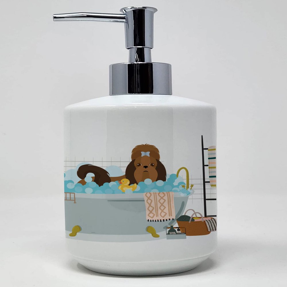 Caroline's Treasures WDK5683SOAP Red Shih Tzu Ceramic Soap Dispenser Hand Soap Dispenser Pump Bottles for Bathroom Kitchen, Empty Refillable Liquid Soap Container