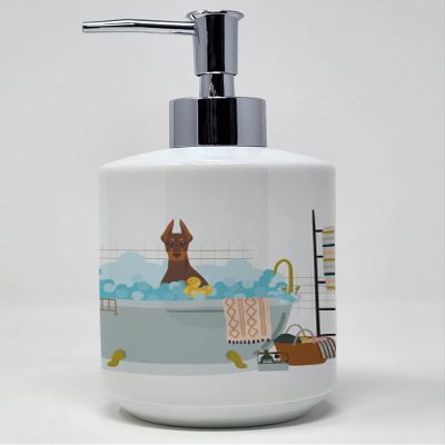 Caroline's Treasures WDK5604SOAP Red and Tan Doberman Pinscher Ceramic Soap Dispenser Hand Soap Dispenser Pump Bottles for Bathroom Kitchen, Empty Refillable Liquid Soap Container