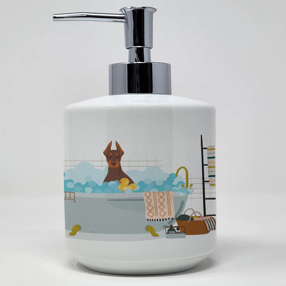 Caroline's Treasures WDK5604SOAP Red and Tan Doberman Pinscher Ceramic Soap Dispenser Hand Soap Dispenser Pump Bottles for Bathroom Kitchen, Empty Refillable Liquid Soap Container