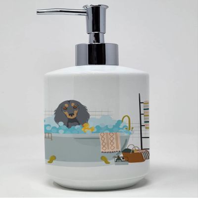 Caroline's Treasures WDK5585SOAP Longhair Blue and Tan Dachshund Ceramic Soap Dispenser Hand Soap Dispenser Pump Bottles for Bathroom Kitchen, Empty Refillable Liquid Soap Container