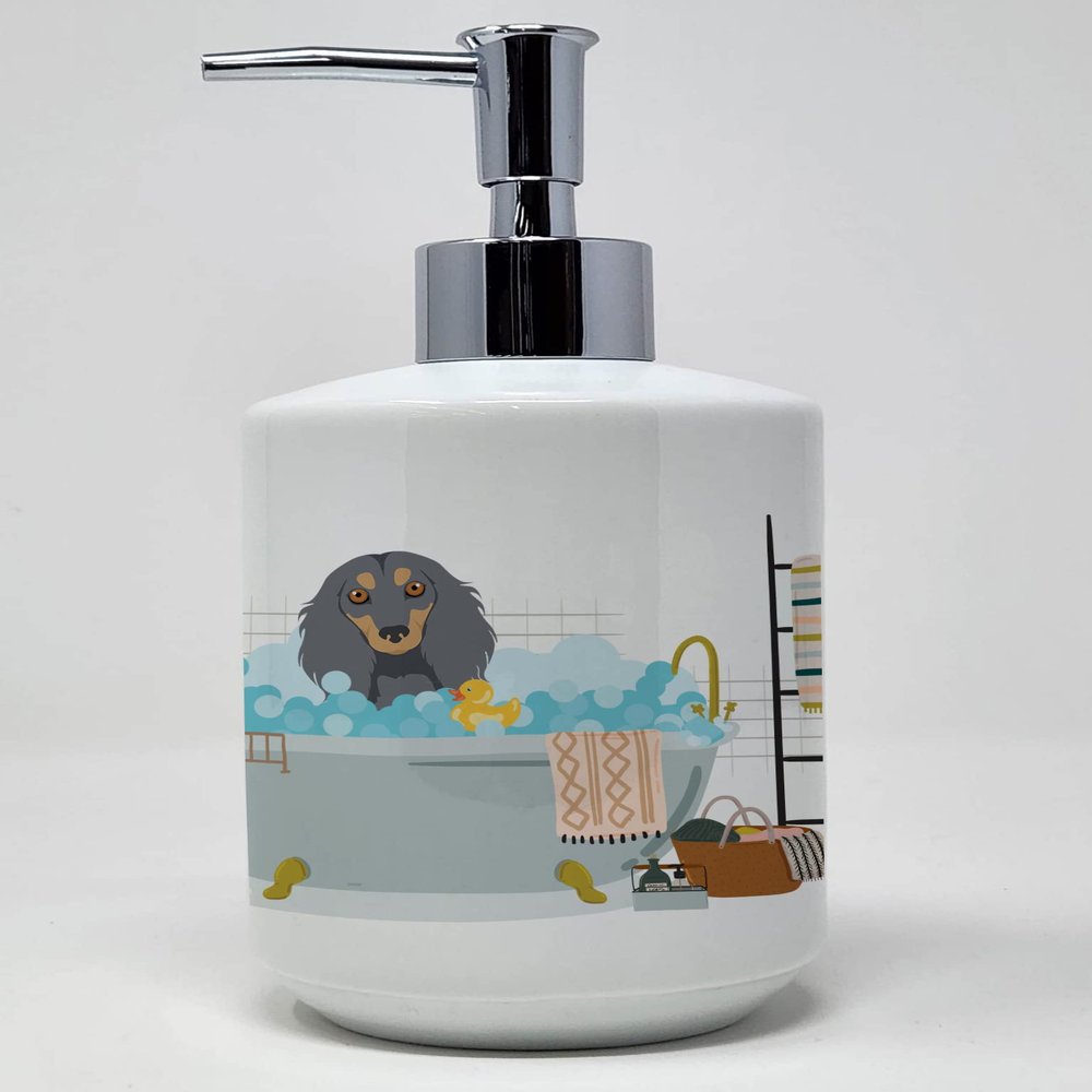 Caroline's Treasures WDK5585SOAP Longhair Blue and Tan Dachshund Ceramic Soap Dispenser Hand Soap Dispenser Pump Bottles for Bathroom Kitchen, Empty Refillable Liquid Soap Container