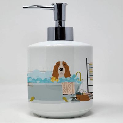 Caroline's Treasures WDK5520SOAP Red and White Tricolor Basset Hound Ceramic Soap Dispenser Hand Soap Dispenser Pump Bottles for Bathroom Kitchen, Empty Refillable Liquid Soap Container