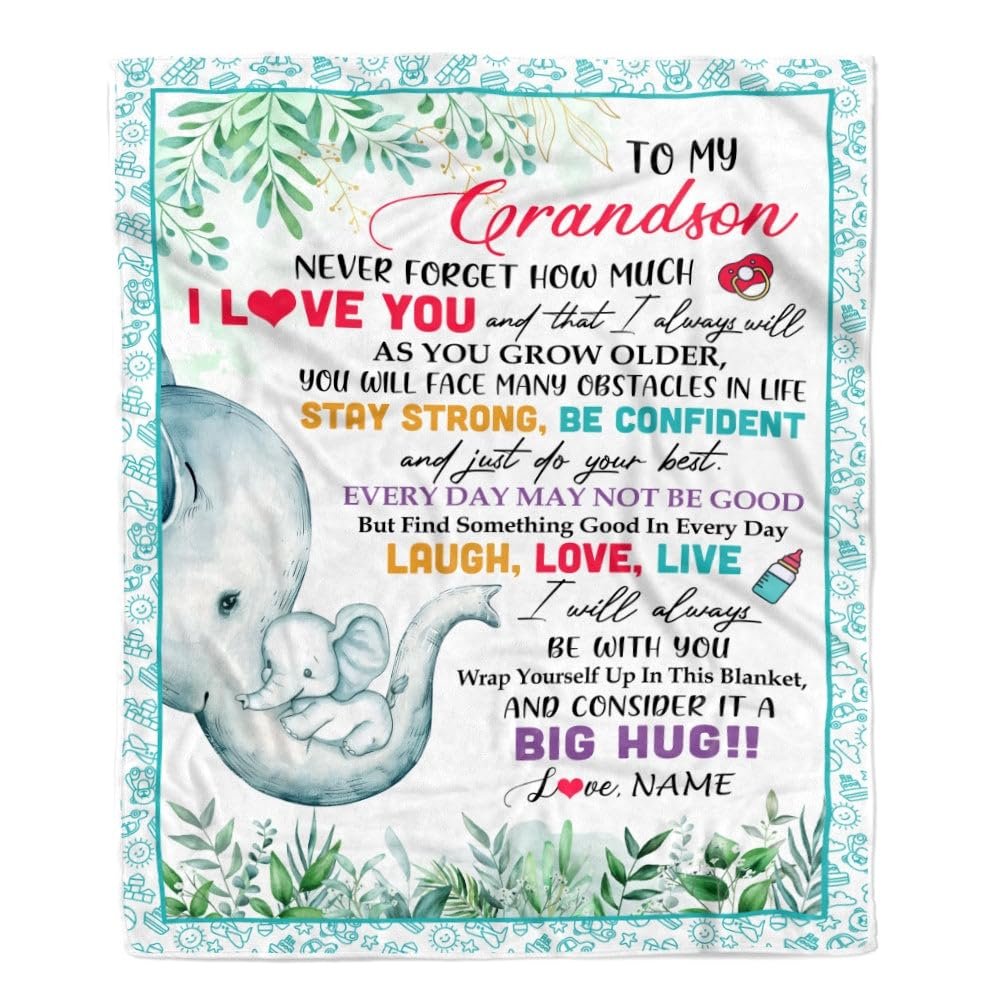 TeesNow Personalized to My Grandson Blanket from Grandma Never Forget I Love You Elephant Baby Boy Grandson Birthday Graduation Christmas Customized Fleece Blanket (60 x 80 in Adult Size)