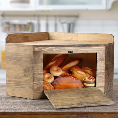 Besuerte Farmhouse Corner Bread Box for Kitchen Countertop, Wood Bread Containers Storage Bin, Bread Holder Keeper for Homemade Bread Includes 2x16oz Mason Jars with Flowers (Large,Walnut)