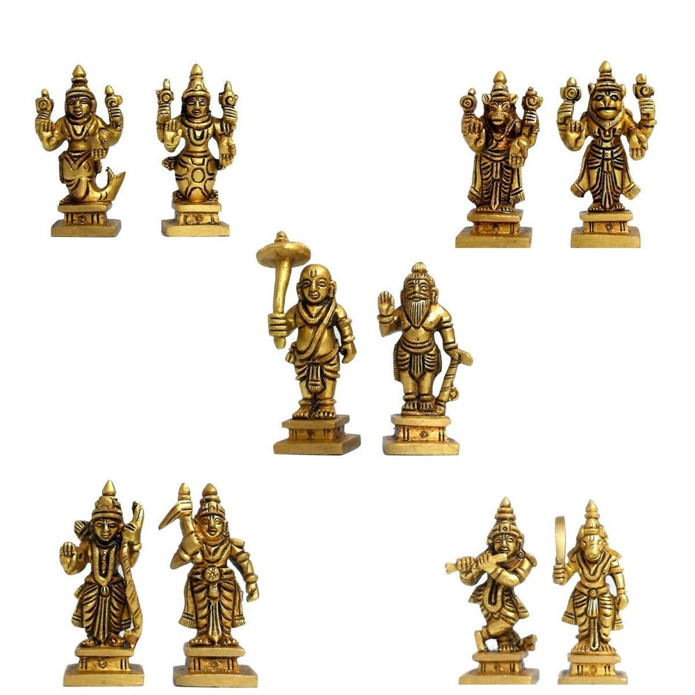 Aakrati Devyom Dashavataram -Ten Incarnations Avatars Of Lord Vishnu -Lord Vishnu All Avtar Statues Is Made Brass With Details Worked By India Artisan.
