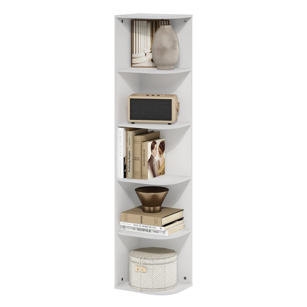 Furinno PASIR Book Shelf, 5-Tier Corner Bookshelf, Open Shelves Bookcase 9.3 x 12 x 51.7, for Living Room, Bedroom, Home Office, White