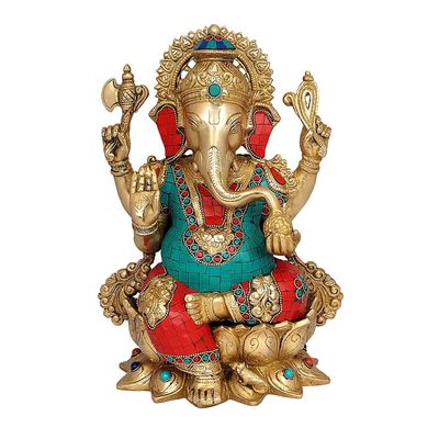 Aakrati Devyom Devyom Devyom Ganesha Sitting On Lotus Pedestal Brass Statue Height 13.1 Inches