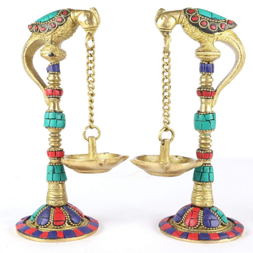 Aakrati Devyom Brass 7.5 Inches Samaideep, Oil Lamp, Diya Hanging From Beak Of Parrot, Kuthu Vilakku, Home Decor, Smai Deep (Stone Finish)