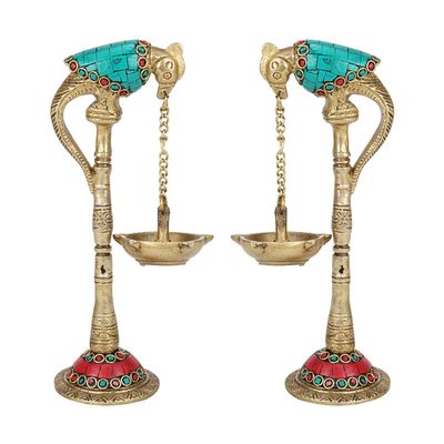 Aakrati Devyom Handicraft A Pair Of Bird Brass Diya For Puja Room Large Size Parrot Oil Diya Hanging In Chain From Beak In Colored Stone Feng Shui Gift Puja