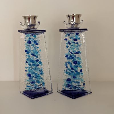 Blue shards Shabbat candle sticks, Sabbath upright glass candle holders, Jewish wedding gift candle holder By YafitGlass