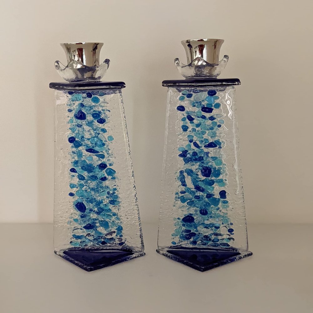 Blue shards Shabbat candle sticks, Sabbath upright glass candle holders, Jewish wedding gift candle holder By YafitGlass