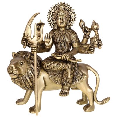 Aakrati Devyom Devyom Handicrafts Goddess Ambaji Sitting on Lion Brass Idol S (9 x 3.5 x 9.5 Inches)