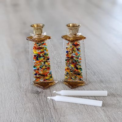 Colorful glass Shabbat candle holders, Jewish wedding gift candle holder By YafitGlass