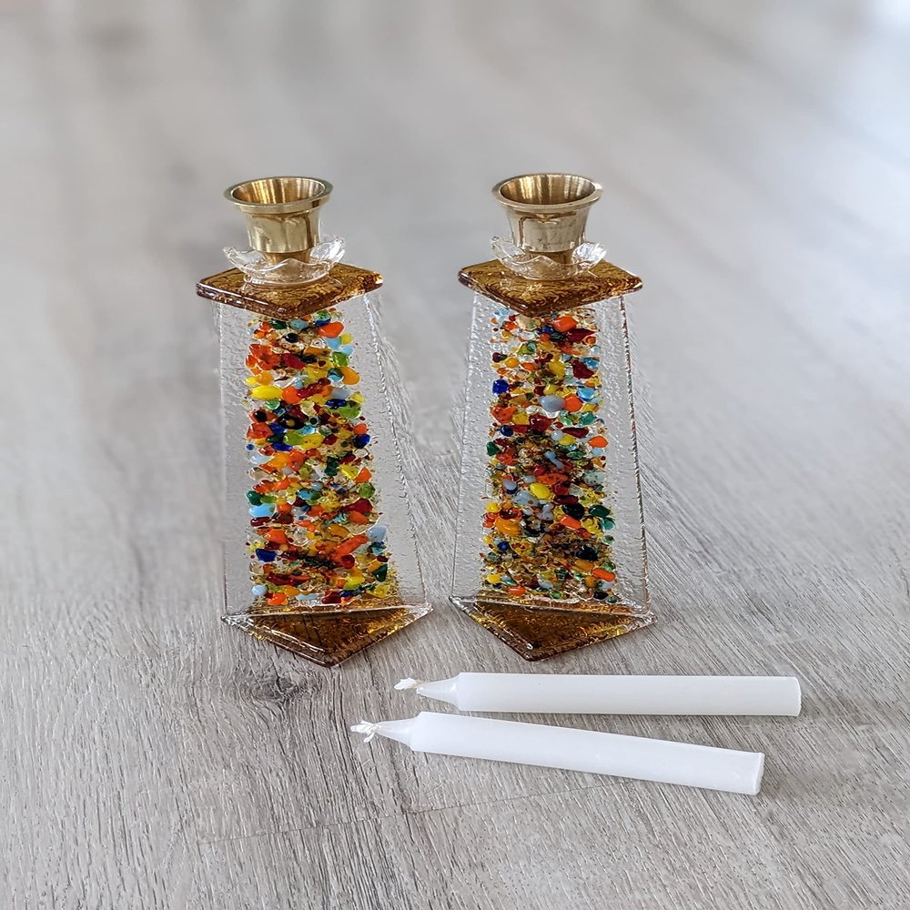 Colorful glass Shabbat candle holders, Jewish wedding gift candle holder By YafitGlass