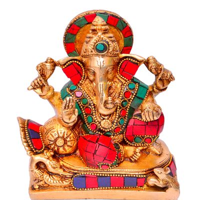 Aakrati Devyom Brass Idol Lord Ganesha (Ganapathi Or Vinayaka) With Overlay Gem-Stone Work: Collectible Statue For Table Top, Home Temple Or Office Shop (10647)