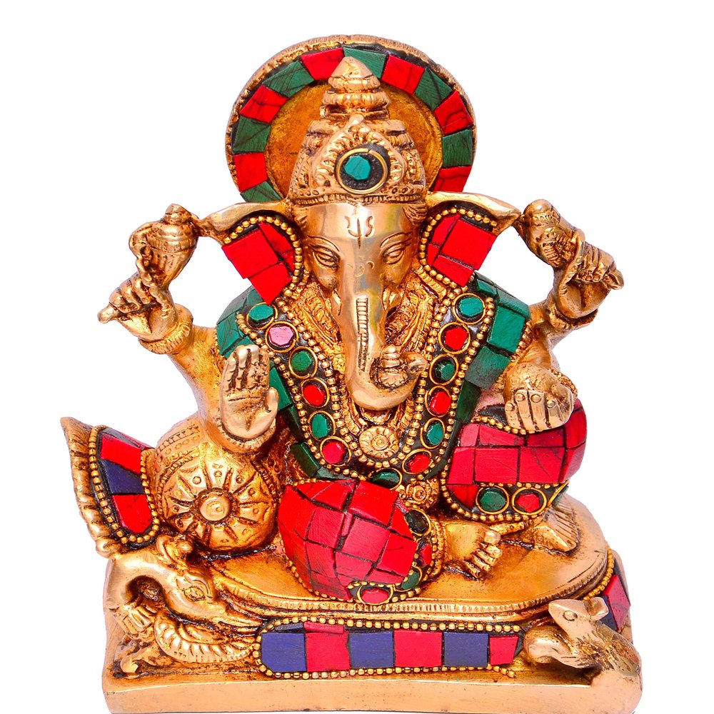 Aakrati Devyom Brass Idol Lord Ganesha (Ganapathi Or Vinayaka) With Overlay Gem-Stone Work: Collectible Statue For Table Top, Home Temple Or Office Shop (10647)