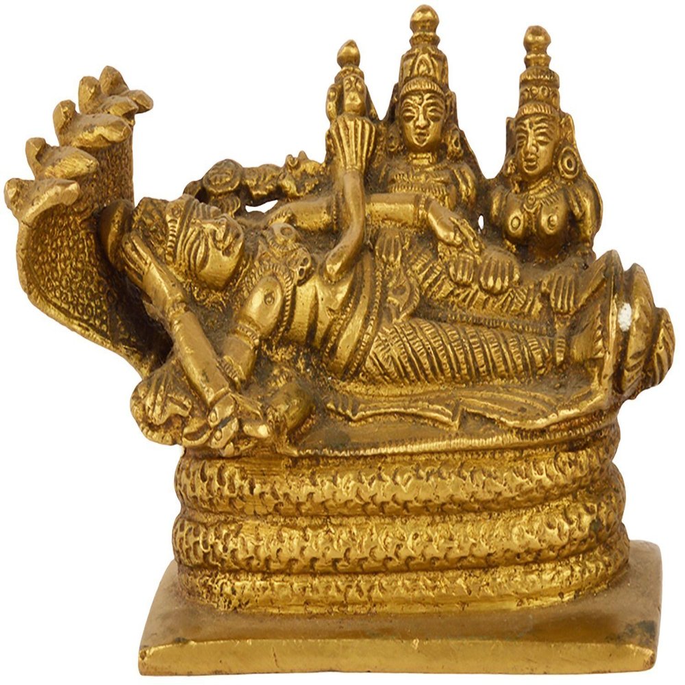 Aakrati Devyom Devyom Rare Collection Brass Idol Lord Vishnu Trimurti with Shiva & Brahma: Anantashayi AnandShayan Sleeping Vishnu-Lakshmi Unique Brass Statue (11032)