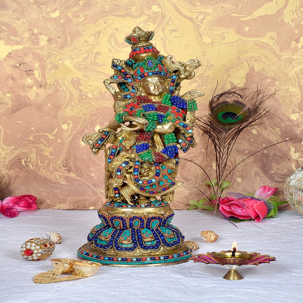 Aakrati Devyom Radha Brass Idol Goddess Religious Hindu Love Couple Radha Krishna Statue Height : 14.9 Inches