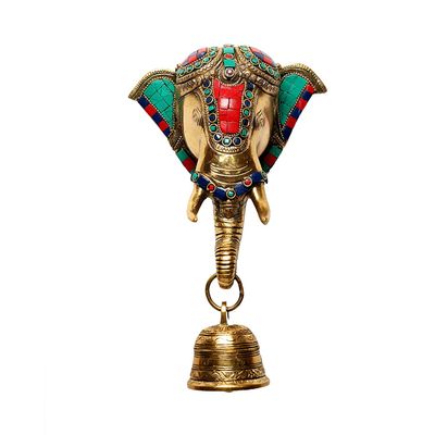 Aakrati Devyom Devyom Coloured Elephant Head Face Wall Hanging Indian Brass Bell Wall Sculpture Room Decoration Height 10 Inch, Large