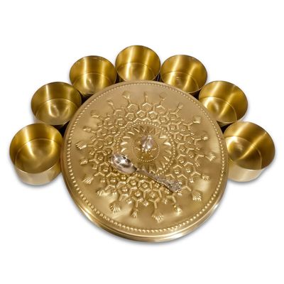 Devyom Devyom Spice Jar Container Brass Masala Box Spice Box Masala Dani Box Set With 7 Brass Containers and 1 Brass Spoon, Masala Spice Container Golden Spice Container with Embossed Lid (Design-2)