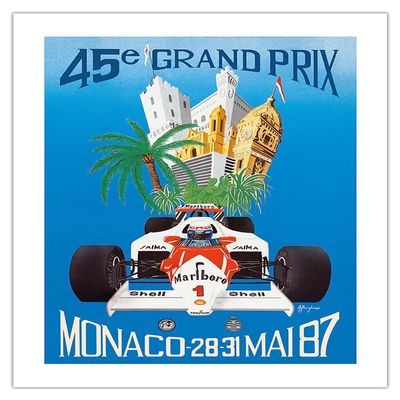 45th Monaco Grand Prix (Circuit de Monaco) - Race Cars - Vintage Car Racing Poster by A. Borgheresi c.1987 - Fine Art Matte Paper Print (Unframed) 18x24in