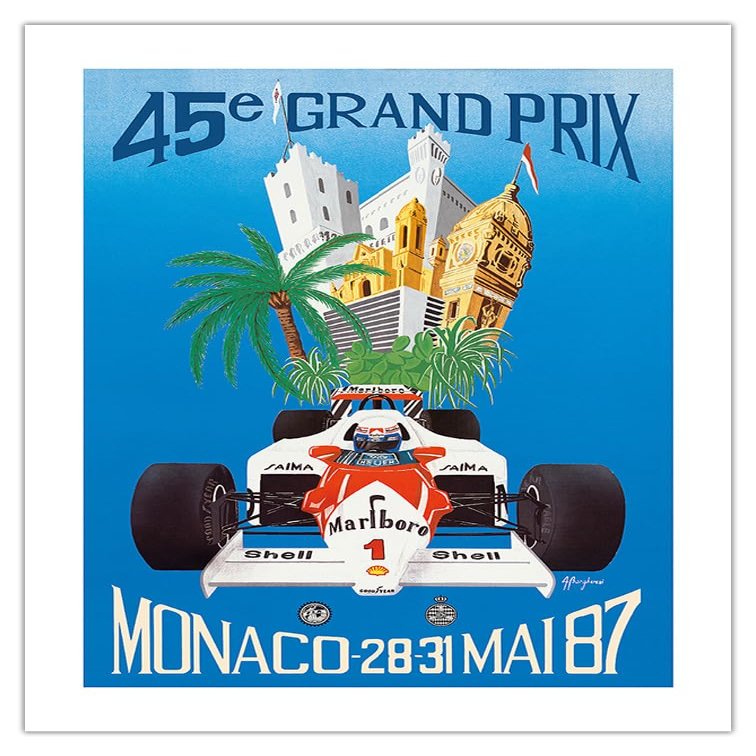 45th Monaco Grand Prix (Circuit de Monaco) - Race Cars - Vintage Car Racing Poster by A. Borgheresi c.1987 - Fine Art Matte Paper Print (Unframed) 18x24in