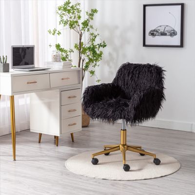 Black Modern Faux Fur Home Office Chair, Fluffy Chair for Girls, Makeup Vanity Chair with Gold Plating Base