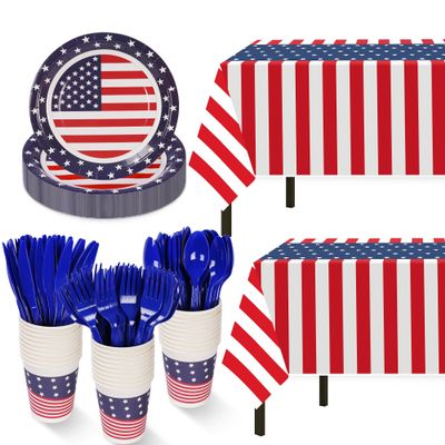 Childom Patriotic Party Supplies,152Pcs American Flag Themed Party Set,Patriotic Party Decorations,American Flag Tablecloth,4th of July Plates Cups,Red White and Blue Decor for Outside,Picnic,Memorial
