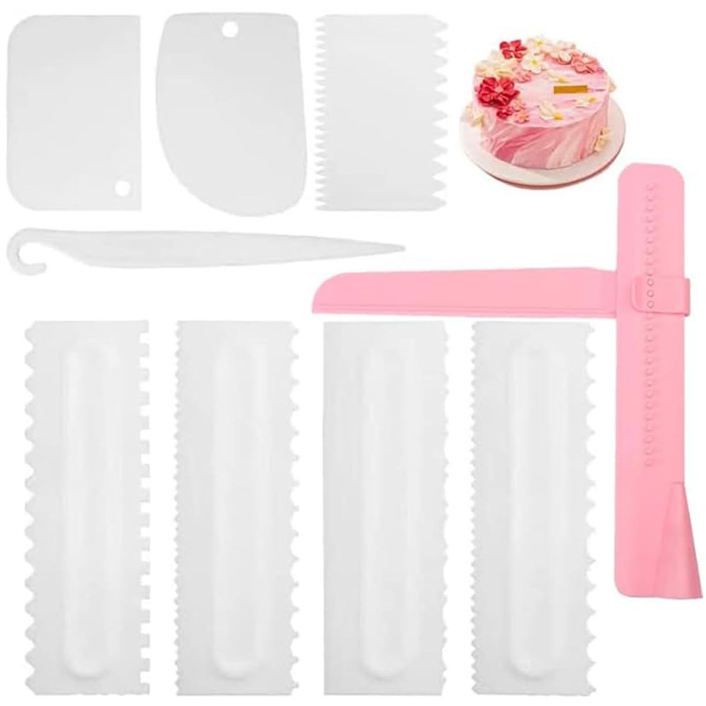 Cake Scraper Set of 9 Packs, Cake Scraper Smoother Set, Adjustable Icing Scraper Polisher Tool, Cake Decorating Comb, Icing Smoother Plastic Sawtooth Cake Icing Kitchen Baking Cake Edge (White)