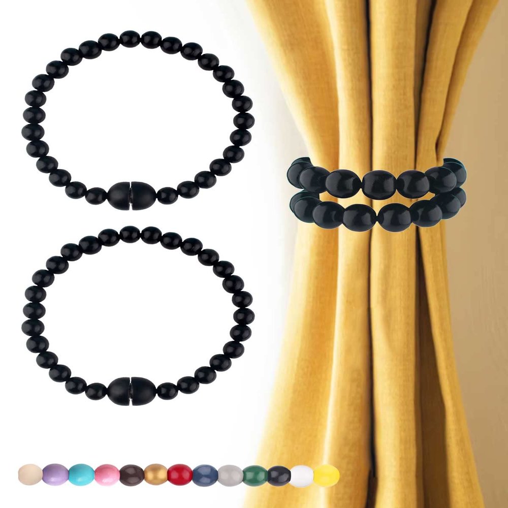 Black Curtain Tiebacks Magnetic 2 Pack: Strong Magnets Closure, Wood Bead Curtain Tiebacks Holders, Drapery Tie Backs Magnetic Curtain Holdbacks for Boho Farmhouse Home Office Room Nursery Decor