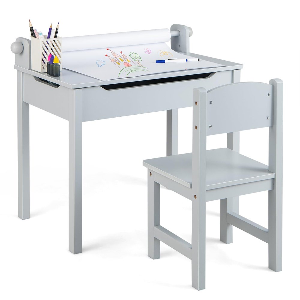 Costzon Kids Table and Chair Set, Flip Top Kids Art Craft Table w/Chair for Playroom Kindergarten, Toddler Drawing Writing Desk Set w/Paper Roll & 2 Markers, Gift for Boys Girls Ages 3+ (Gray)
