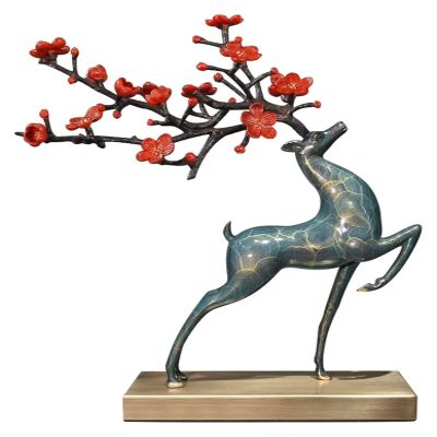 ALDEPO Sculpture Tabletop Copper Deer Decoration Living Room Entrance Cabinet Lucky Brass Deer Statue Ornament New Chinese
